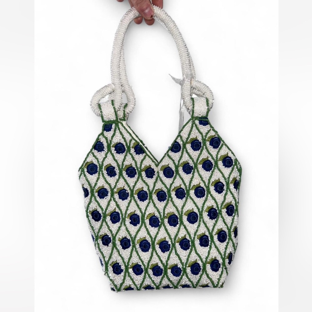 Viral Blueberry / Blue Floral and Green Beaded Handbag Made in India